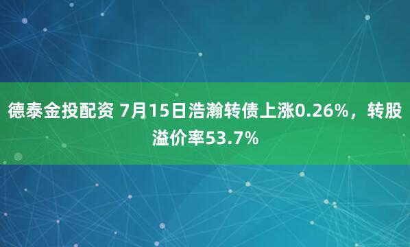 德泰金投配资 7月15日浩瀚转债上涨0.26%，转股溢价率53.7%